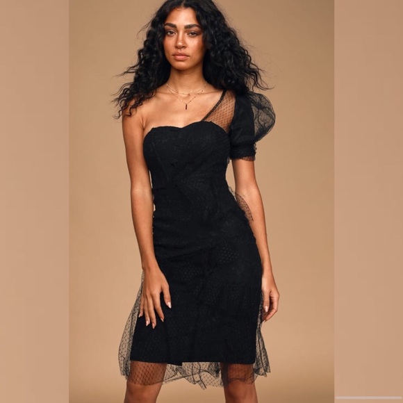Once in a While Black Lace One-Shoulder Midi Dress - Picture 1 of 4